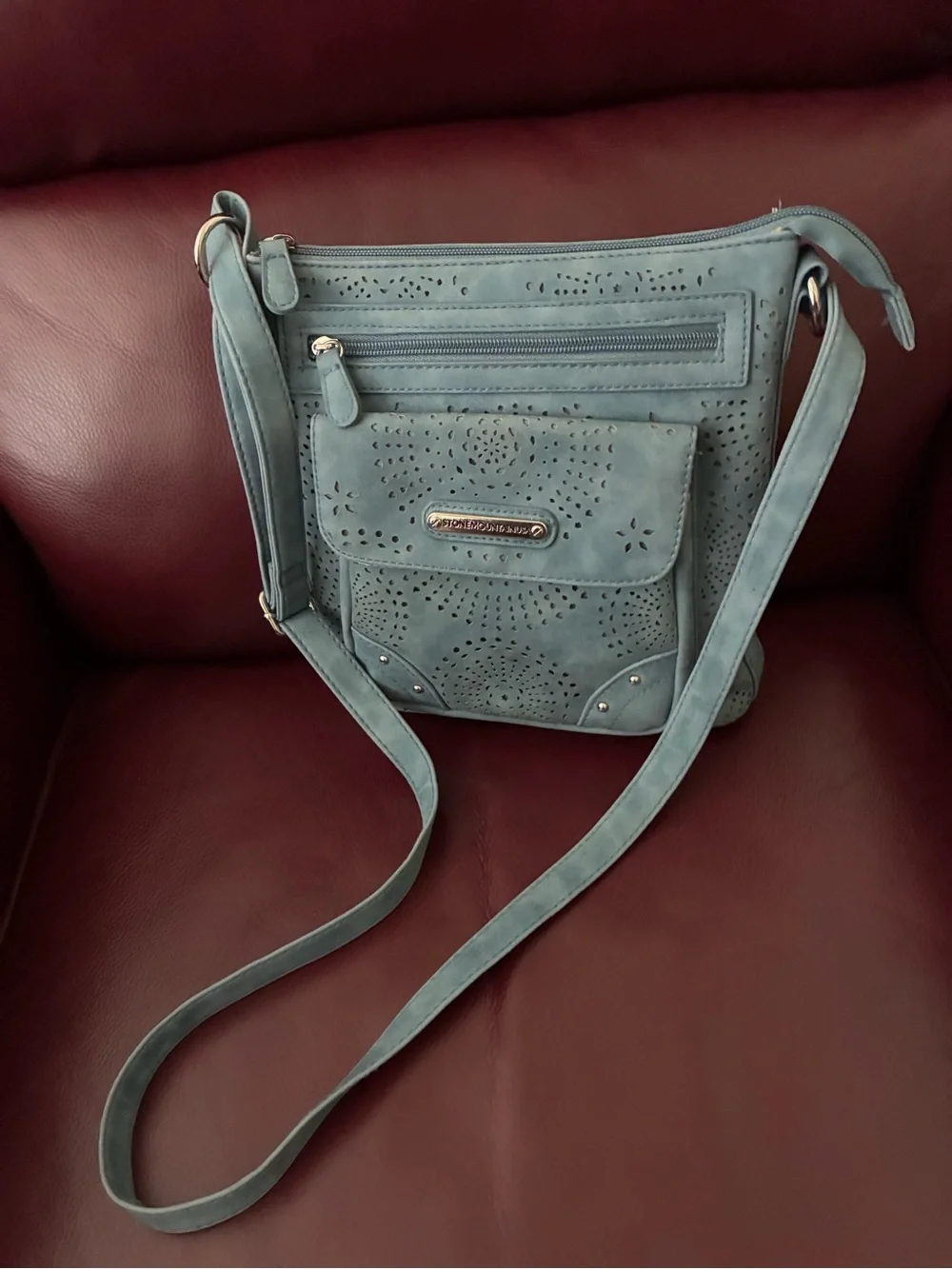 Stone Mountain Crossbody Shoulder Bag in Teal with Laser-Cut Detail
